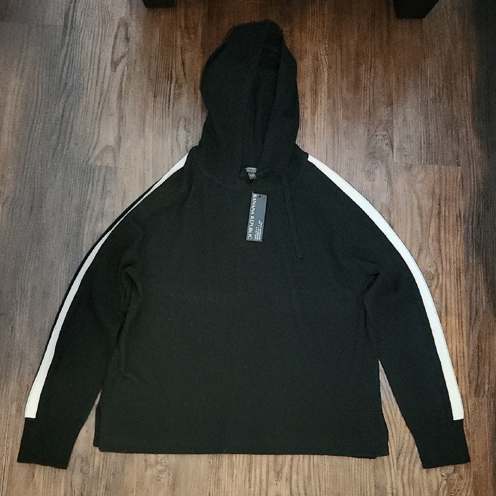 NEW Banana Republic Luxurious 100% Cashmere Hoodie In Black w/Cream Stripe LARGE